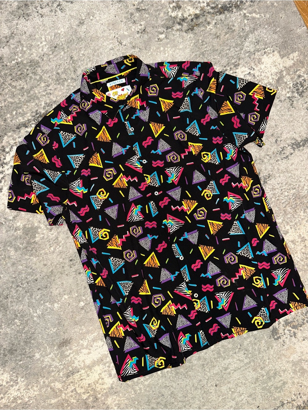Men's Black Geo Neon Print Short Sleeve Button-Down Shirt